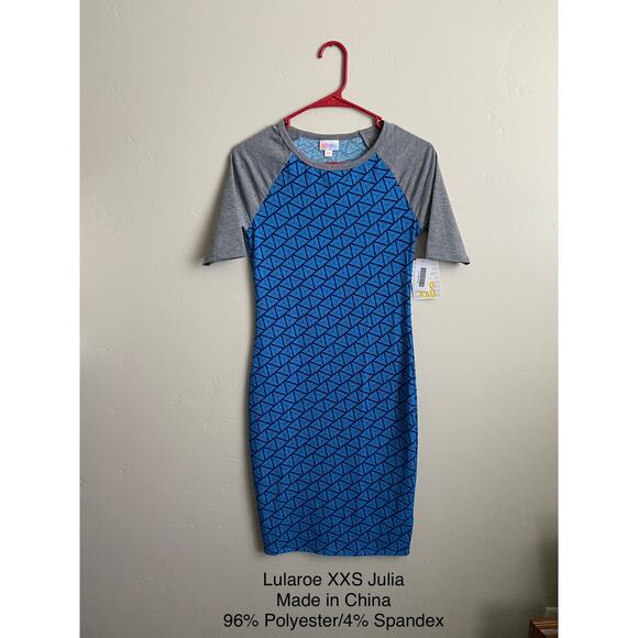 NWT Lularoe Blue Geometric Print w/ Gray Raglan Sleeves XXS Julia Pencil Dress - Picture 2 of 3